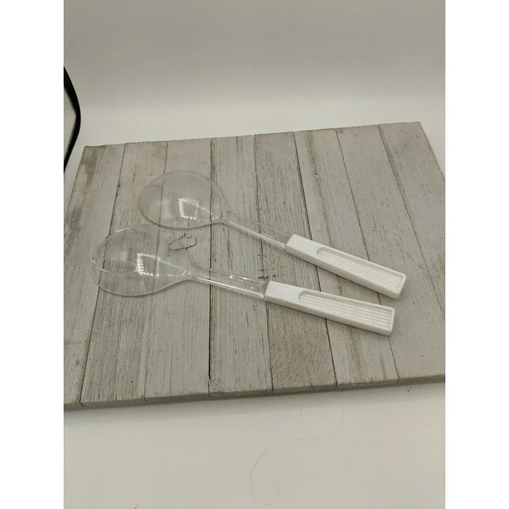 Clear 2 Piece Salad Serving Fork Spoon Tongs White Flatware 11 1/4